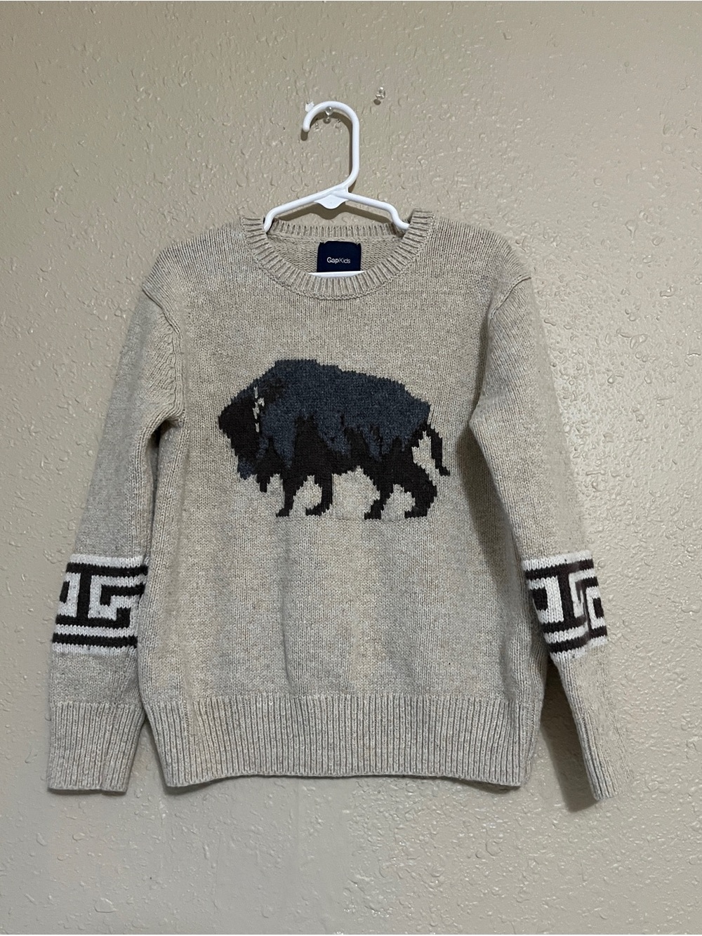 GAP Kids Cream Bison Intarsia Knit Crewneck Sweater Sz Small (6/7) Like New